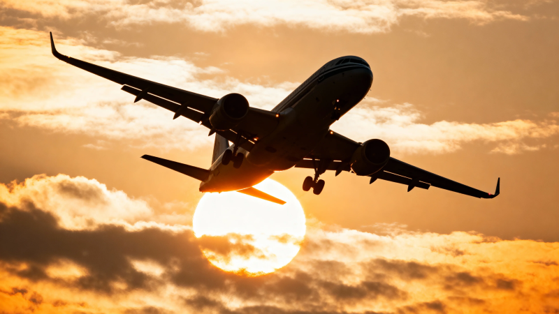 夕阳下飞机剪影起飞图片