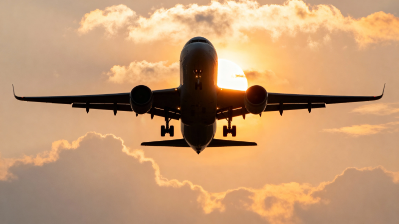 夕阳下飞机剪影飞行中图片