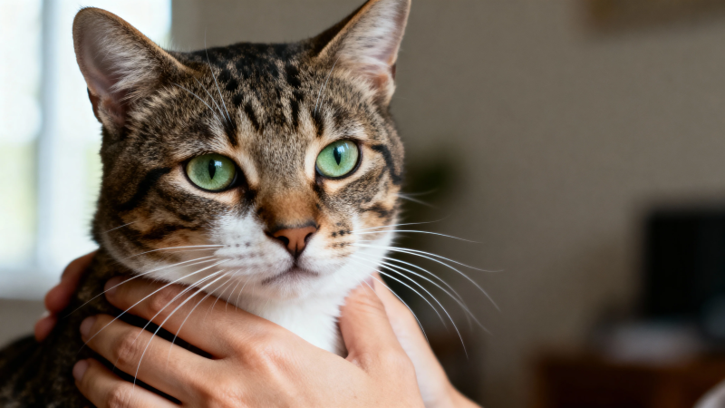 绿眼虎斑猫被温柔抚摸图片