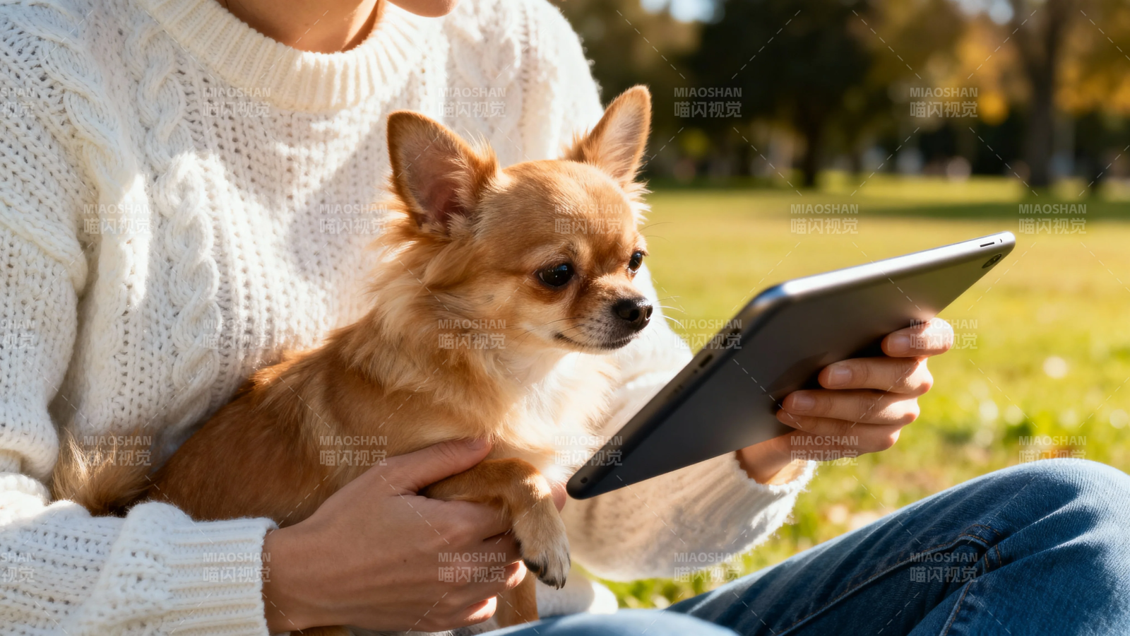 人狗共读平板 秋日暖阳下图片