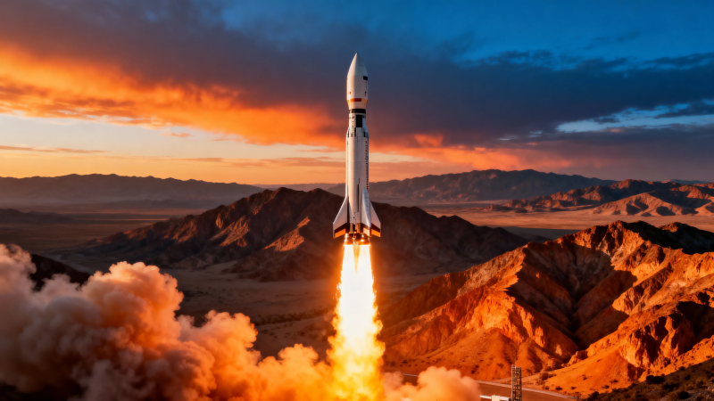 火箭升空 霞光映山河图片