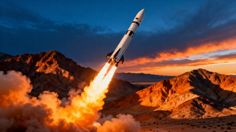 火箭升空 烈焰划破黄昏山峦图片