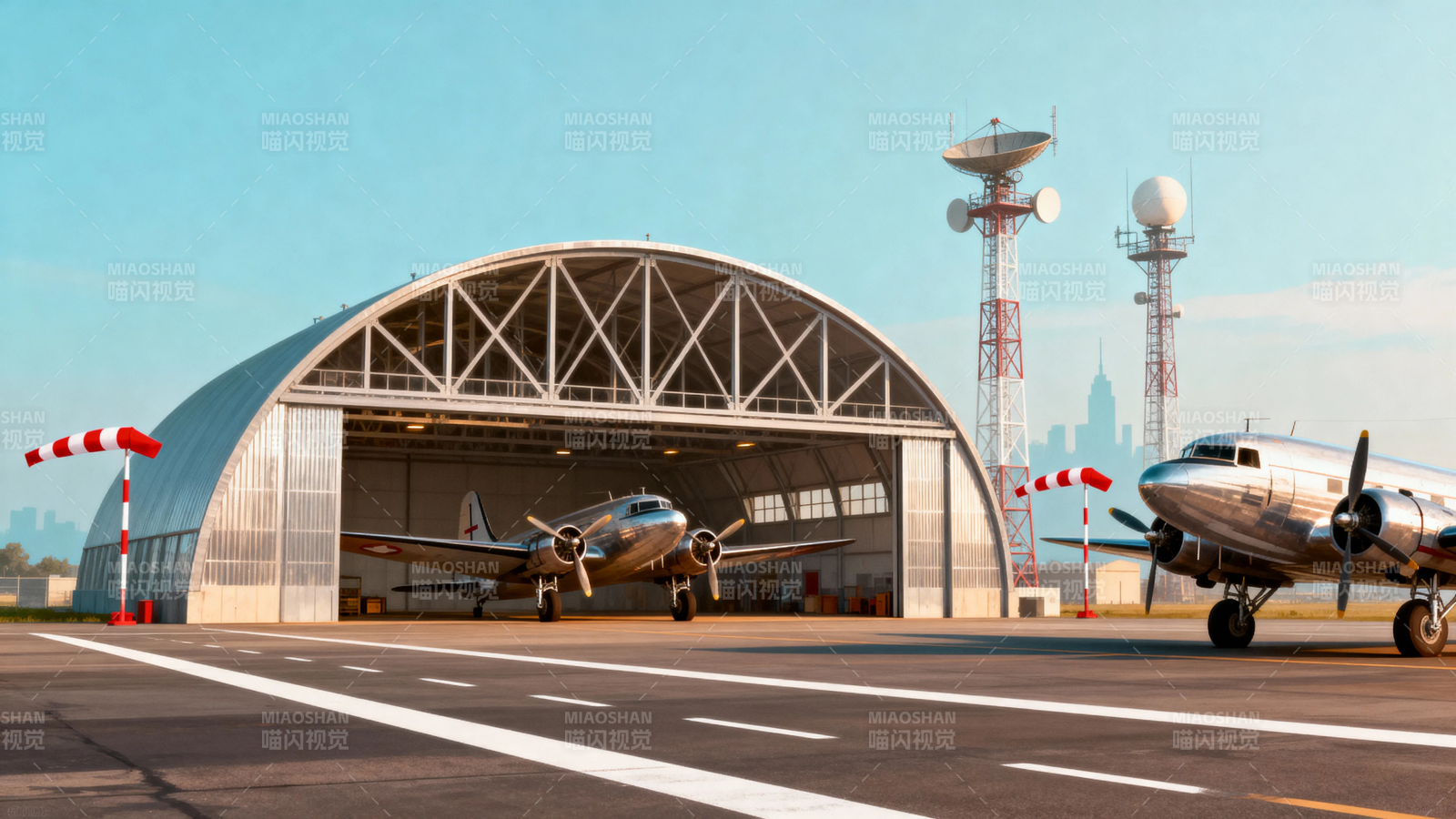 老式飞机停靠在机库前图片