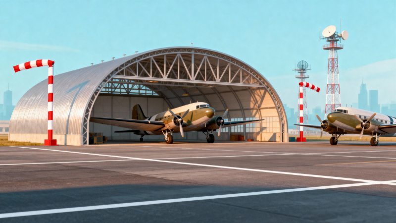 机库前停着两架老式飞机图片