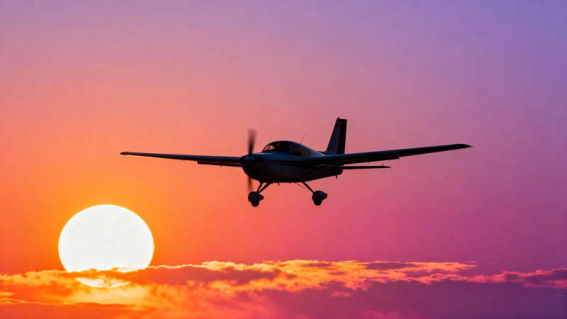 夕阳下飞机剪影飞行图片