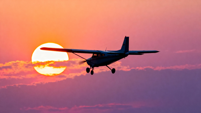 夕阳下飞机剪影飞行图片
