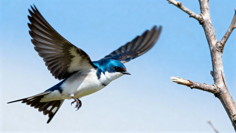 蓝燕展翅 掠枝而过图片