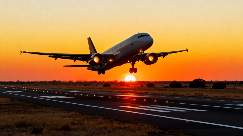 夕阳下飞机起飞瞬间图片