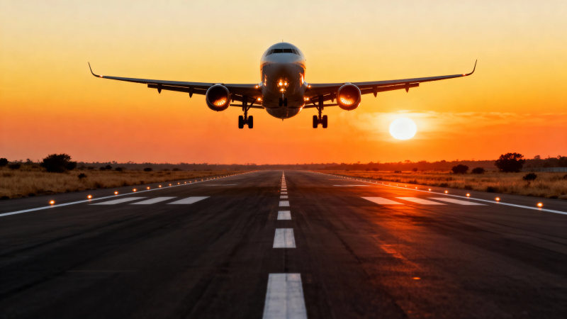 夕阳下飞机降落跑道图片