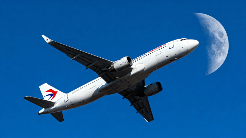 飞机伴月飞蓝天图片