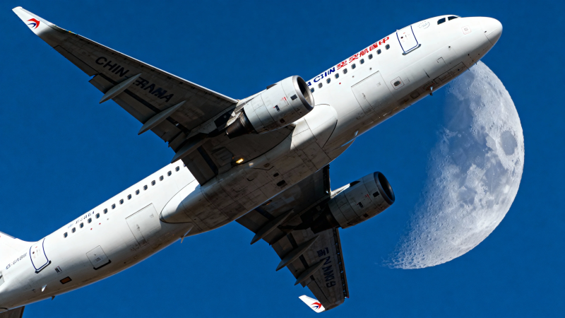 飞机伴月 蓝天翱翔图片