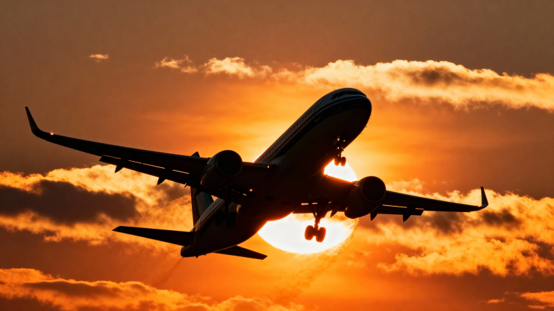 夕阳下的飞机剪影图片