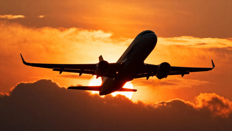 夕阳下的飞机剪影图片