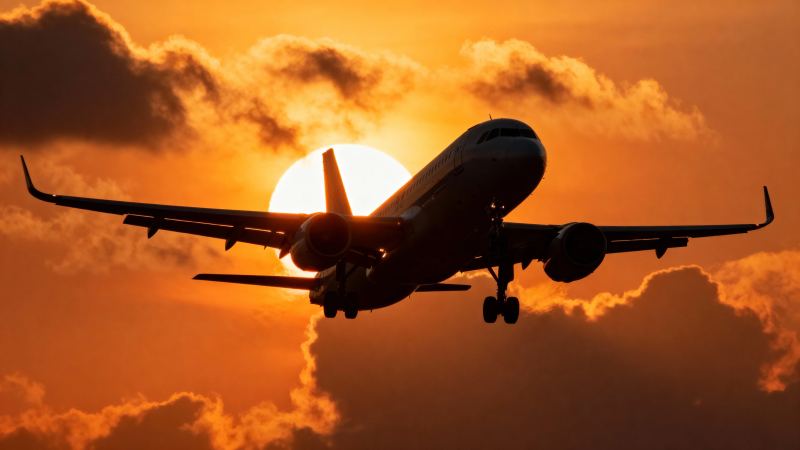 夕阳下的飞机剪影图片