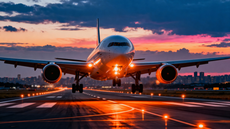 夕阳下飞机降落跑道图片