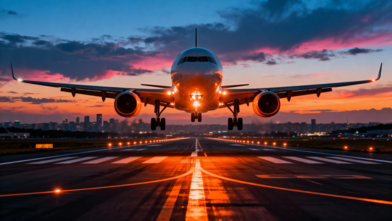 夕阳下飞机降落跑道图片