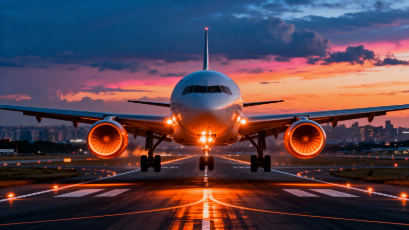 夕阳跑道 客机迎光起飞图片