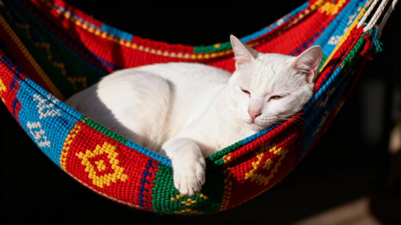 白猫酣睡彩吊床图片