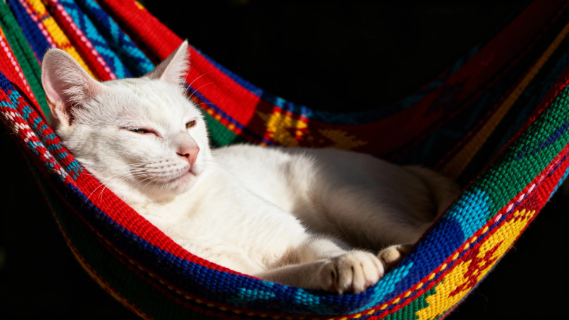 白猫彩吊床酣睡图片