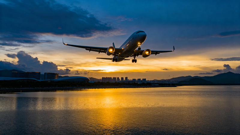 夕阳下飞机掠过水面图片
