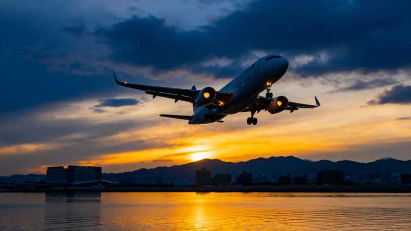 夕阳下飞机起飞剪影图片