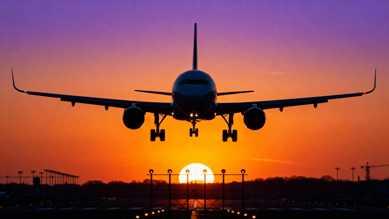 夕阳下飞机降落剪影图片