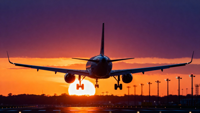 夕阳下的飞机剪影图片