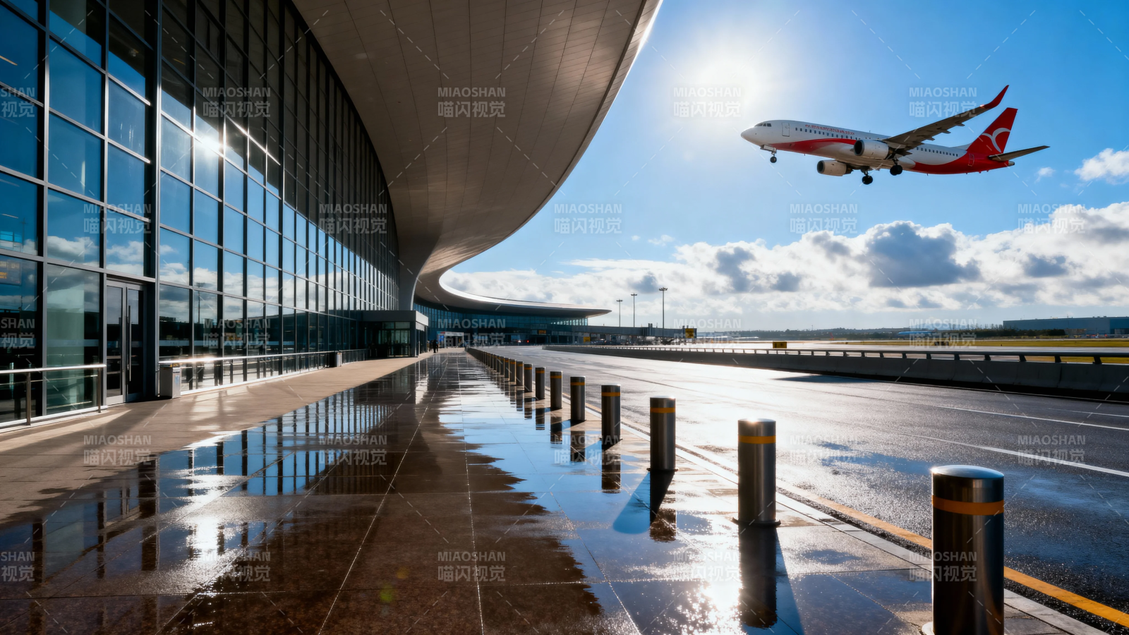 机场起飞 阳光映玻璃幕墙图片