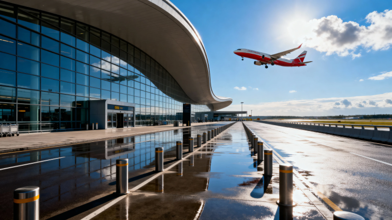 飞机起飞 现代机场晨光中图片