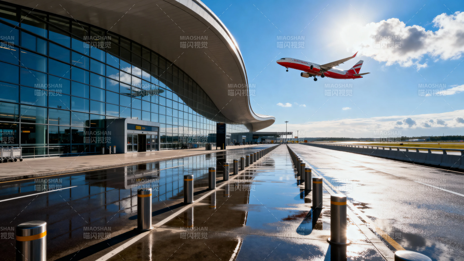 飞机起飞 现代机场晨光中图片