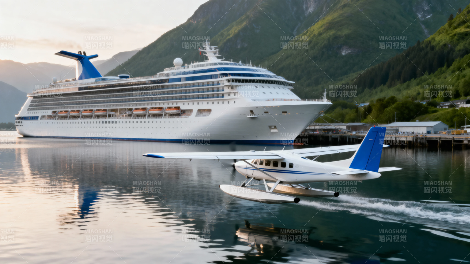 邮轮旁水上飞机掠影图片