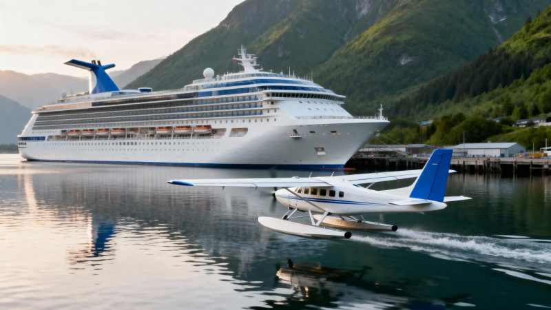 邮轮旁水上飞机掠影图片