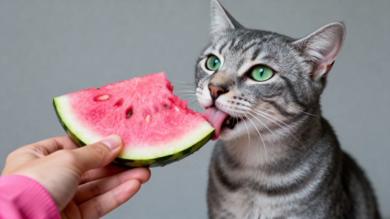 猫咪舔西瓜 萌态十足图片