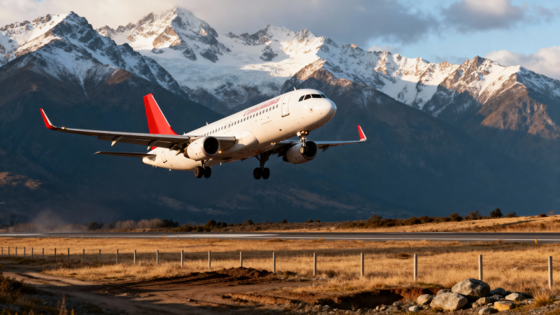 雪山下的飞机起飞瞬间图片