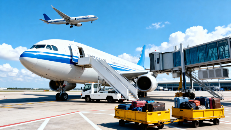 机场停机坪 飞机与行李车图片