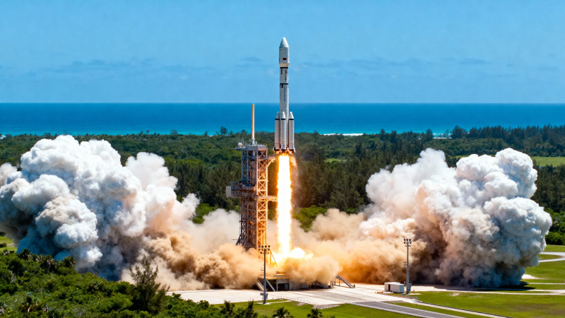 火箭升空 烈焰腾空大海边图片