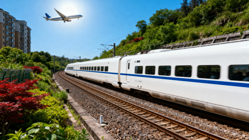 高铁飞驰 飞机掠空 城市绿野间图片