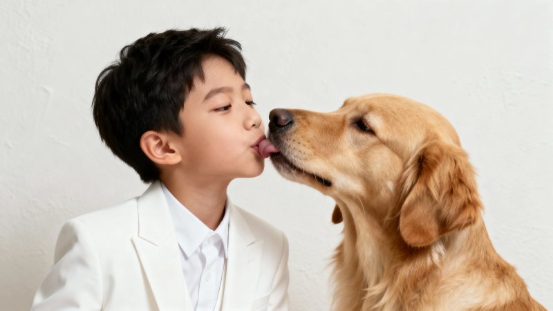 男孩与金毛犬亲吻瞬间图片