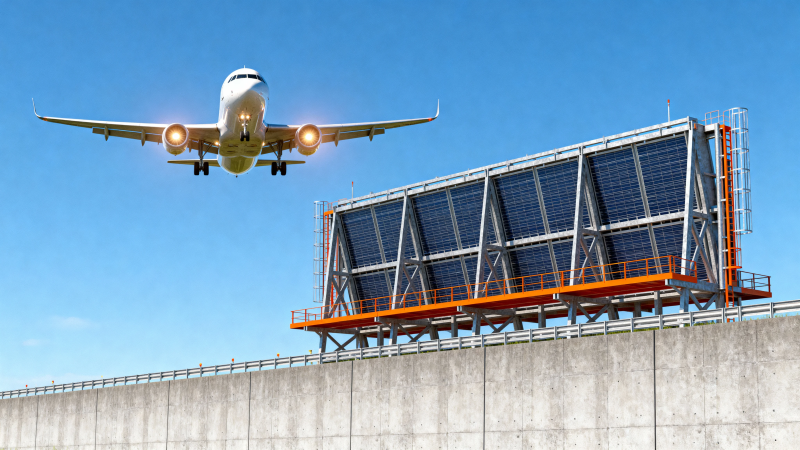 飞机掠过太阳能板墙图片