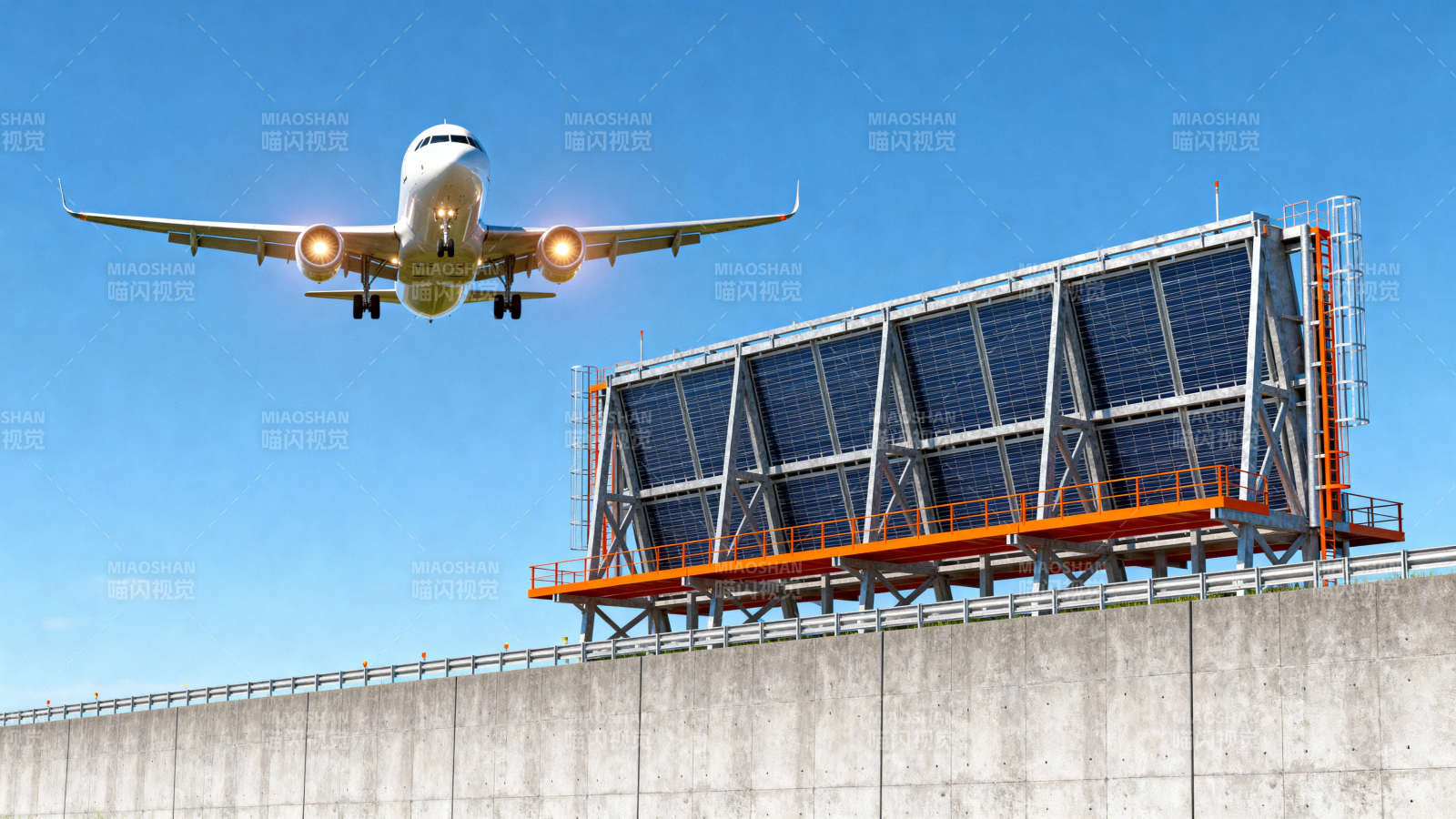 飞机掠过太阳能板墙图片