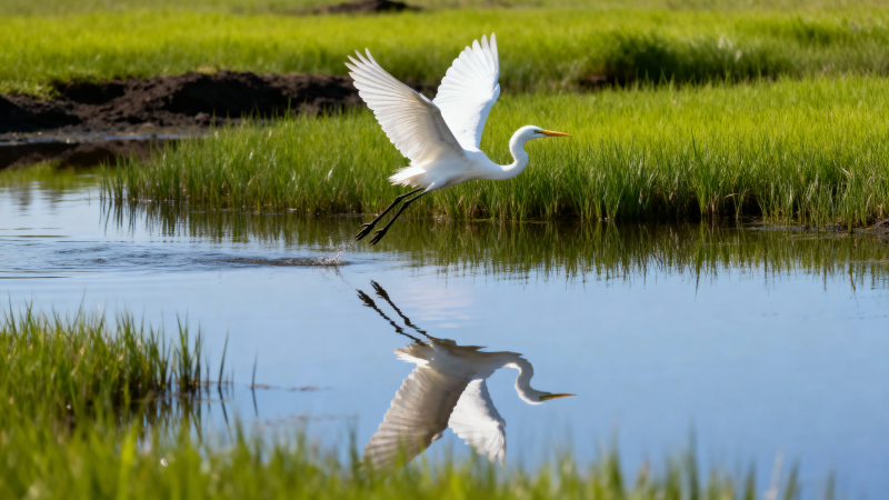 白鹭掠水 倒影如画图片