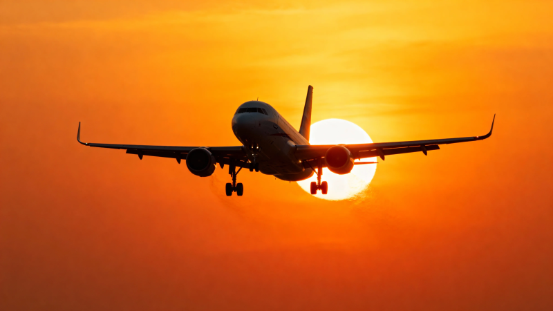 夕阳下的飞机剪影图片