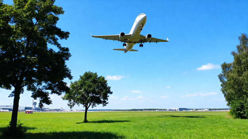 飞机低空飞越绿野蓝天图片