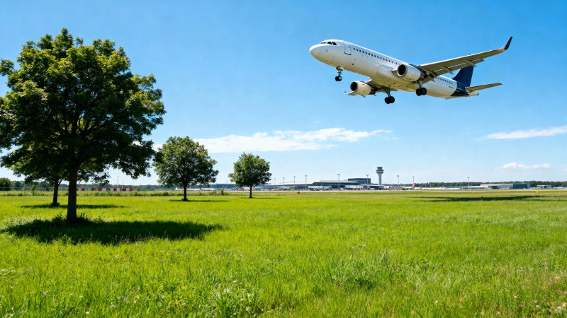 飞机降落绿野蓝天间图片