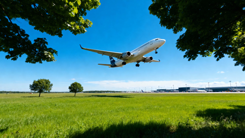 飞机低空掠过绿野蓝天图片
