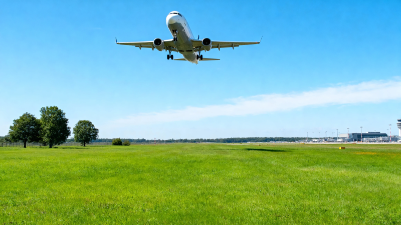 飞机降落绿野蓝天间图片