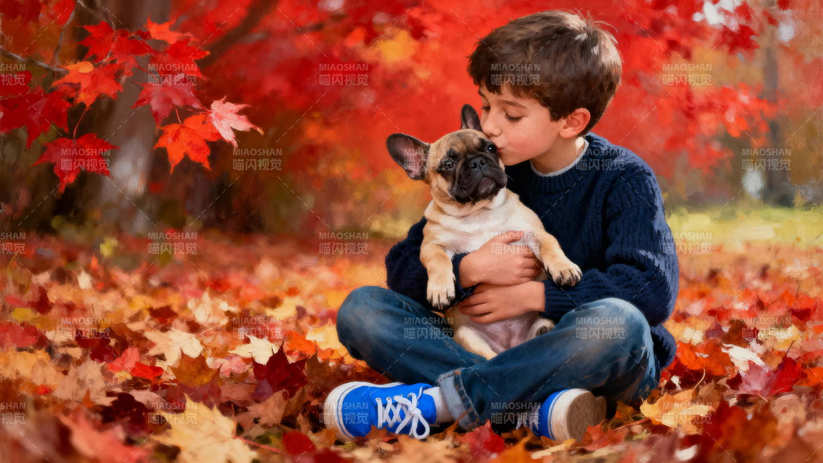 秋日暖阳 少年吻犬伴落叶图片