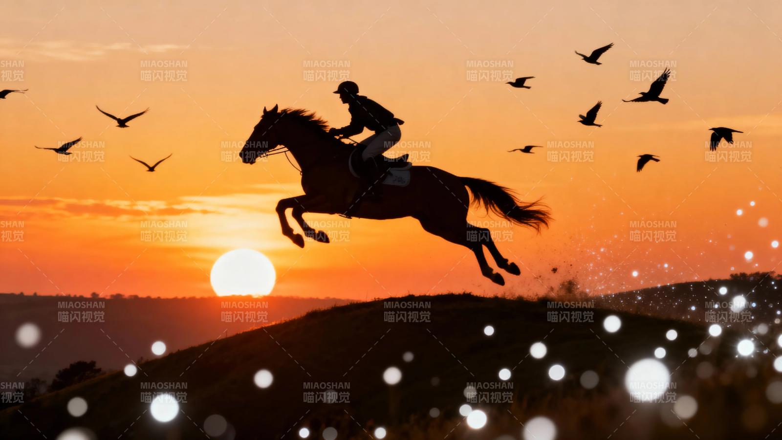 夕阳跃马 飞鸟共舞图片