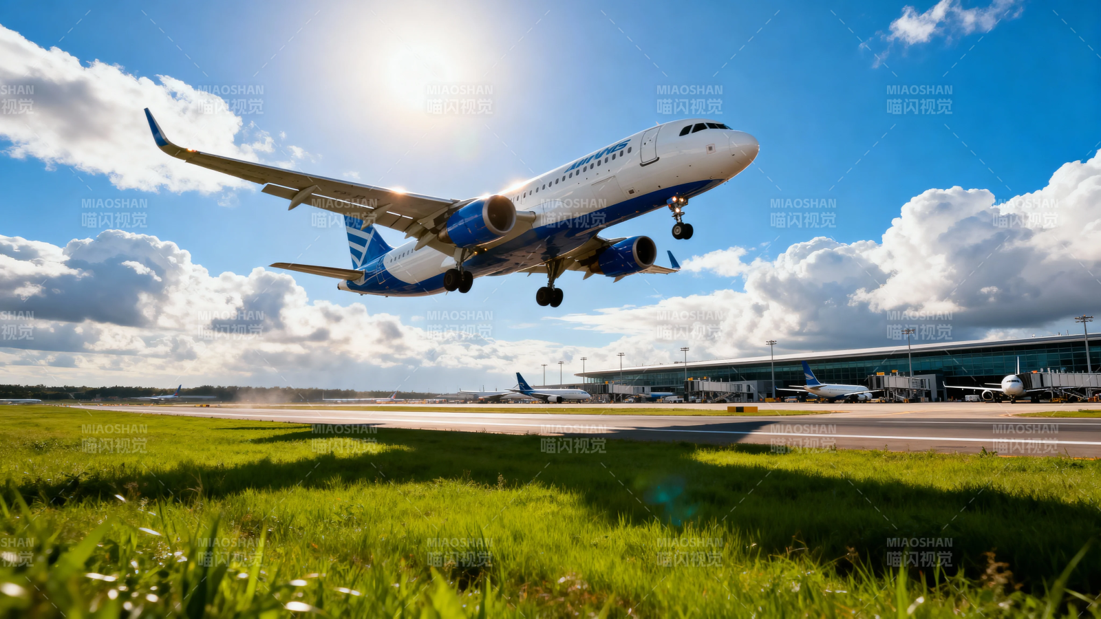 飞机起飞 蓝天白云下图片