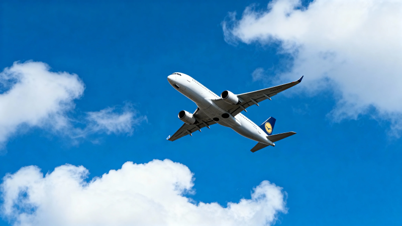 飞机翱翔蓝天白云间图片